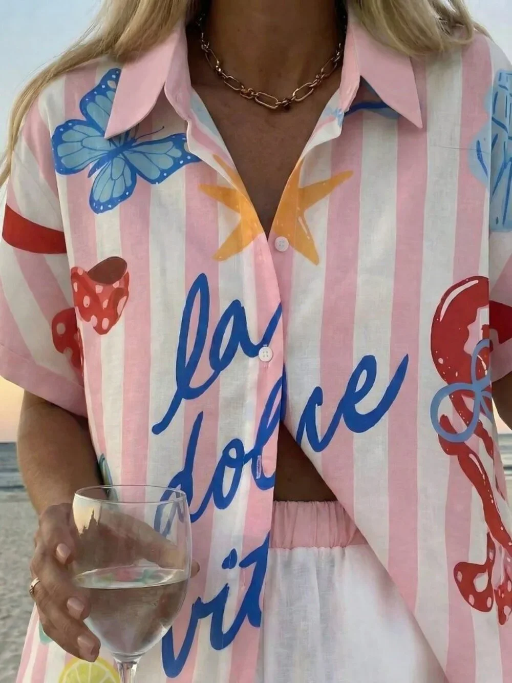 Baby Pink Casual Women's Vacation Printed Shirt & Shorts Set